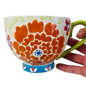 Dutch Wax Hand Painted Embossed Floral Ceramic Mug 16oz